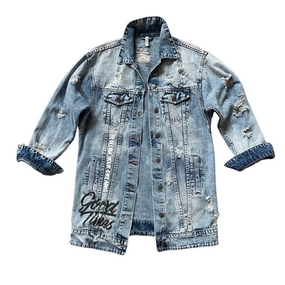 American Bazi Oversized Denim Jacket S | Graffiti Text, Distressed, Longline Fit - Picture 1 of 9